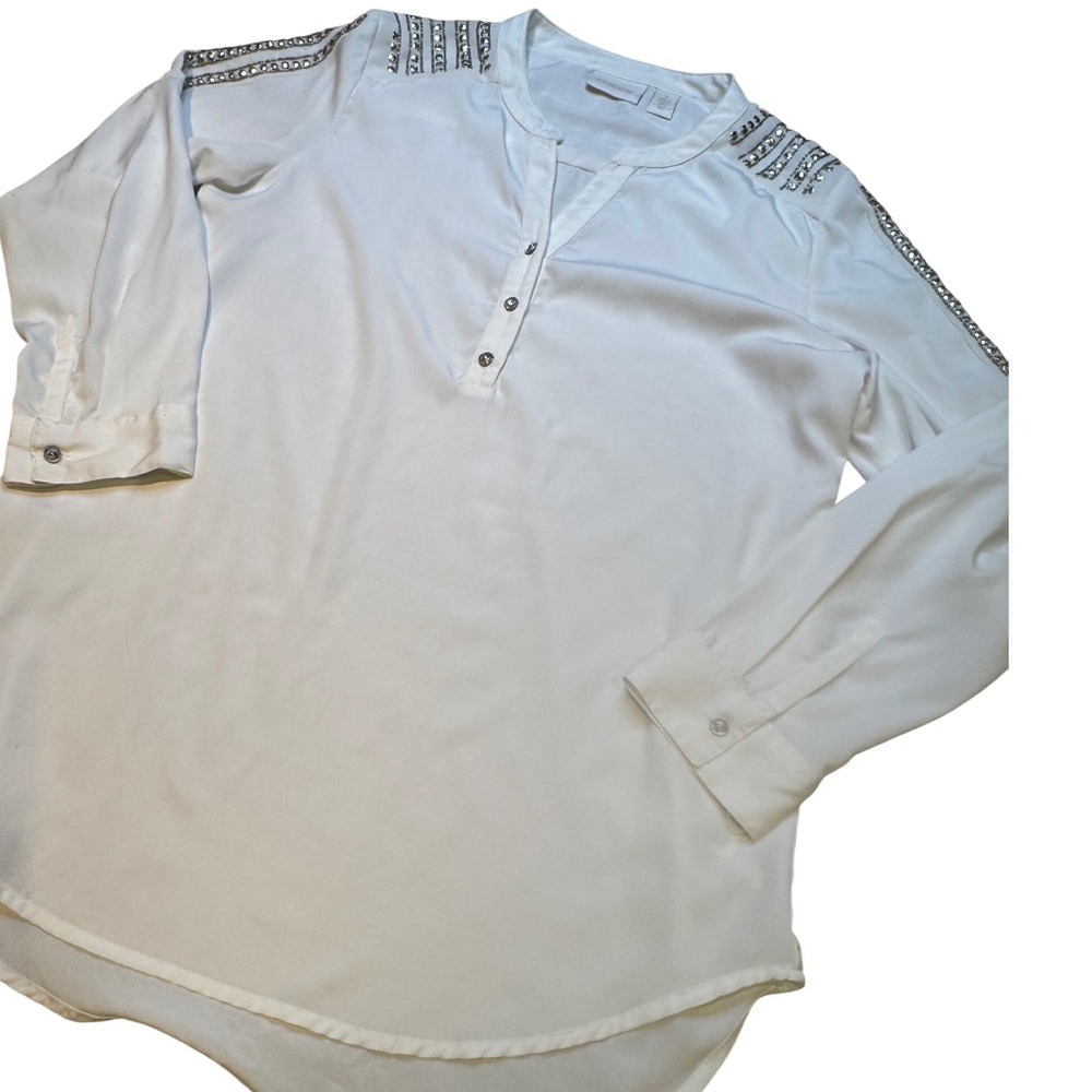 Chico's Sz 1 White Embellished Shoulder Blouse Rhinestone Tunic Top Long Sleeve - Picture 4 of 8